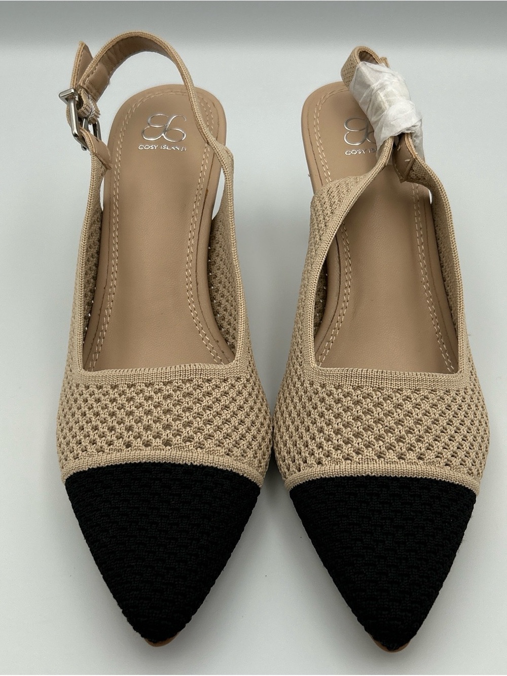 COSY ISLAND Slingback Pumps Size 9 Begie Black Cap Toe Dress Work Evening Shoes